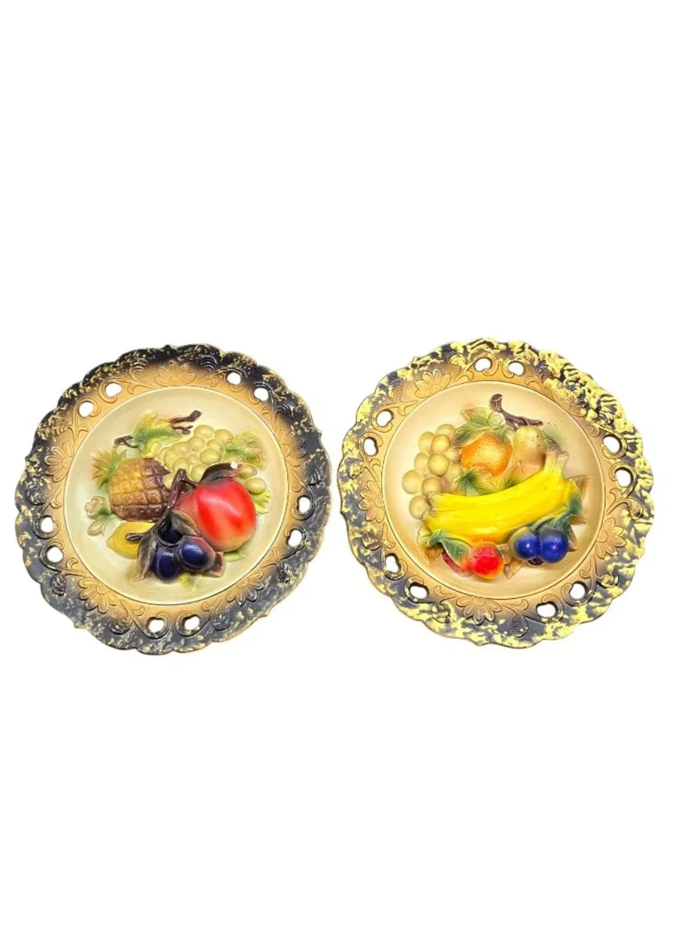 Vintage Napcoware Japan MCM Chalkware 3D Fruit Banana Apple Wall Plaques